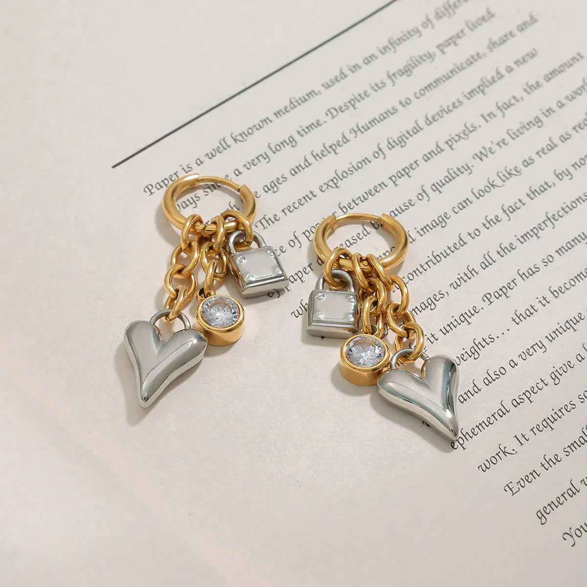 Heart & Lock Chain Earrings – 18K Gold Trendy Mixed-Metal Design