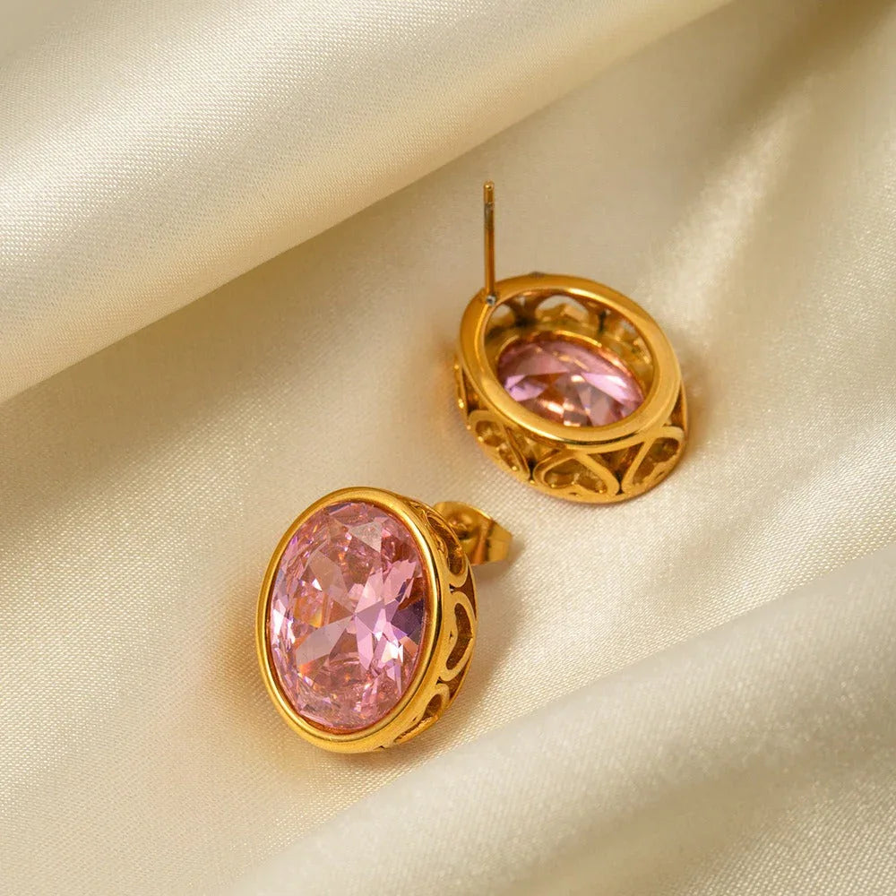 Regalia Heart – 18K Gold Oval Gemstone & Heart Hollow Design Earrings