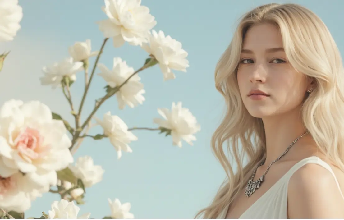 Woman with long blonde hair and a necklace standing next to white flowers against a light blue sky. - Argesteel