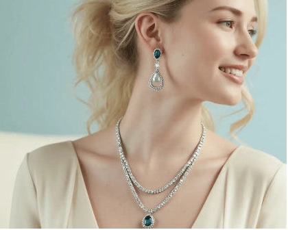 Woman wearing a diamond necklace and earrings against a light blue background