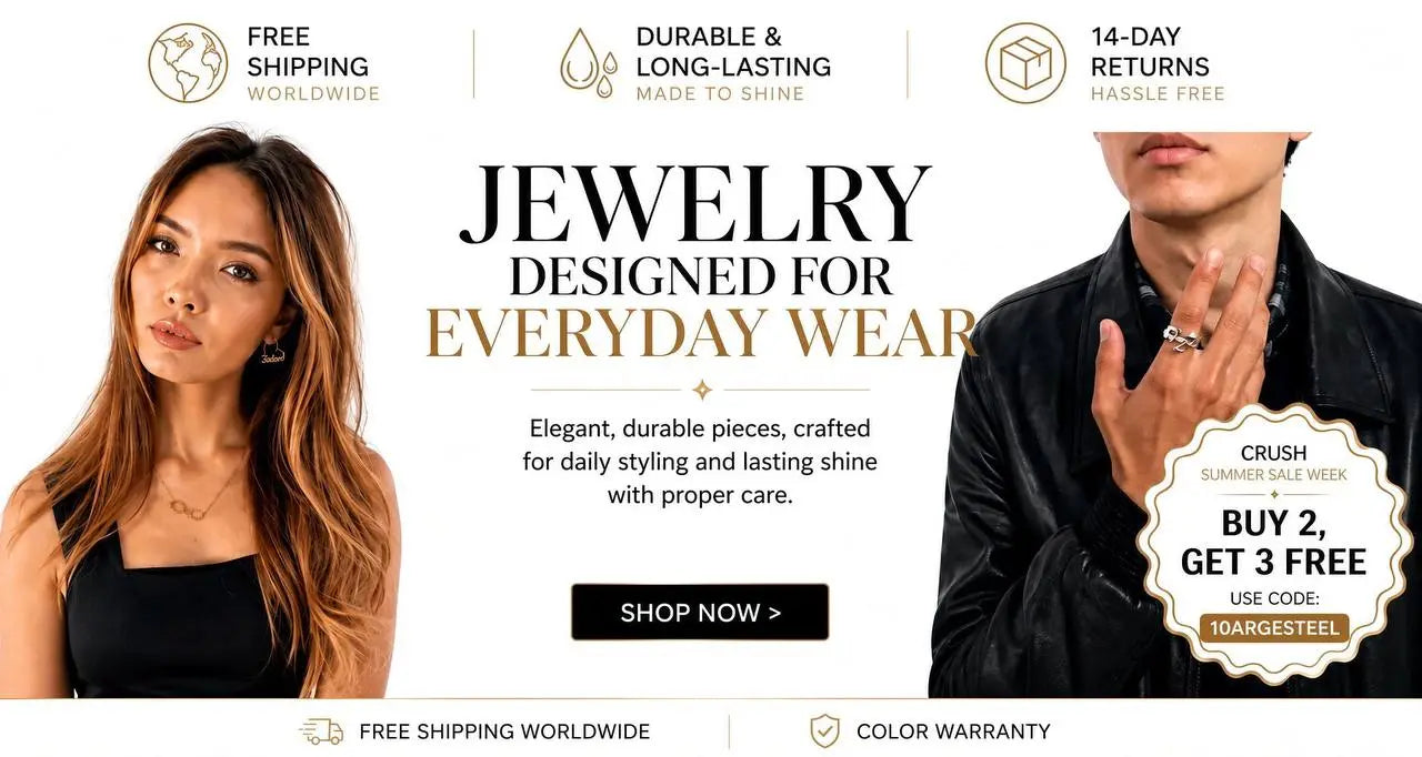 Promotional banner for jewelry featuring a woman on the left and a man on the right, with text reading 'JEWELRY DESIGNED FOR EVERYDAY WEAR,' 'FREE SHIPPING WORLDWIDE,' 'DURABLE & LONG-LASTING MADE TO SHINE,' '14-DAY RETURNS HASSLE FREE,' and a sale badge offering 'BUY 2, GET 3 FREE.'.