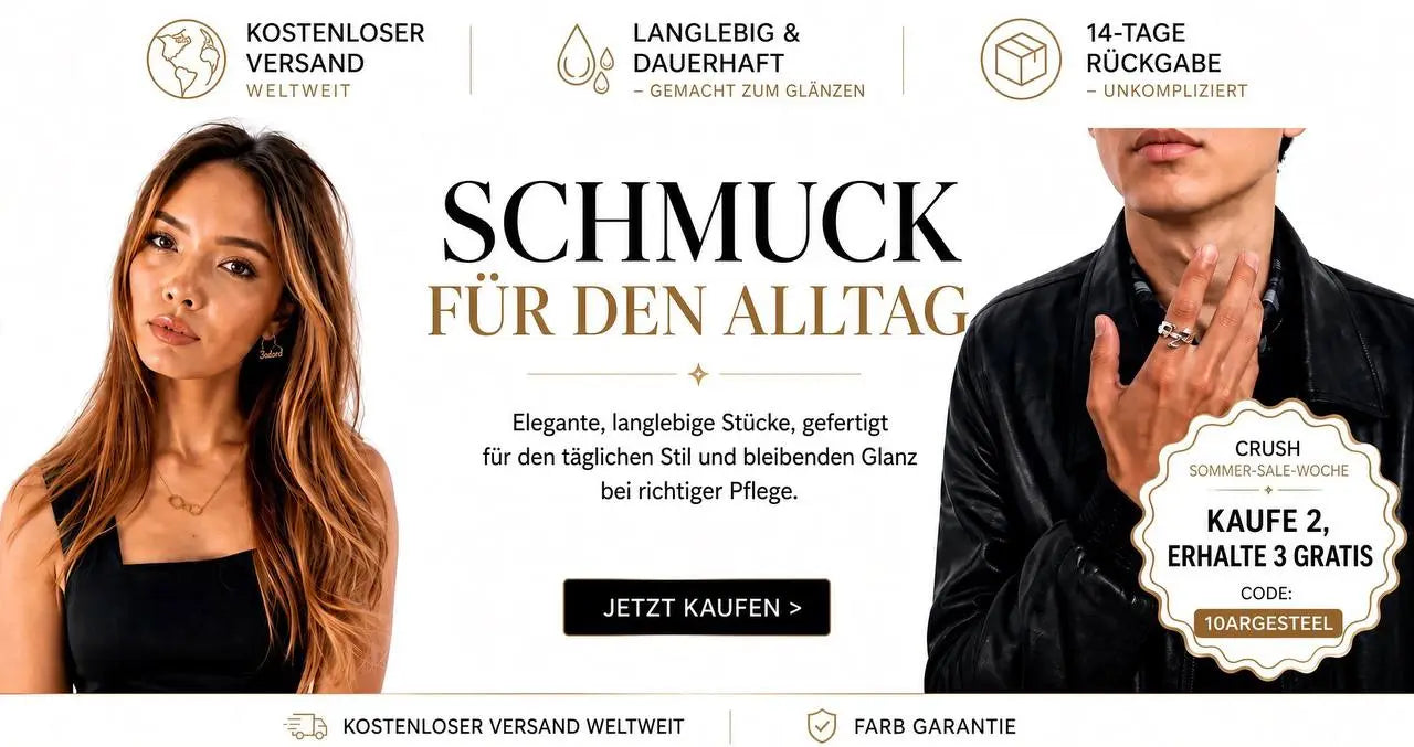 Promotional graphic in German for a fragrance product, featuring a woman on the left and a man on the right against a white background with text about daily use and a limited-time offer. The fragrance name 'SCHMUCK FÜR DEN ALLTAG' is prominently displayed.
