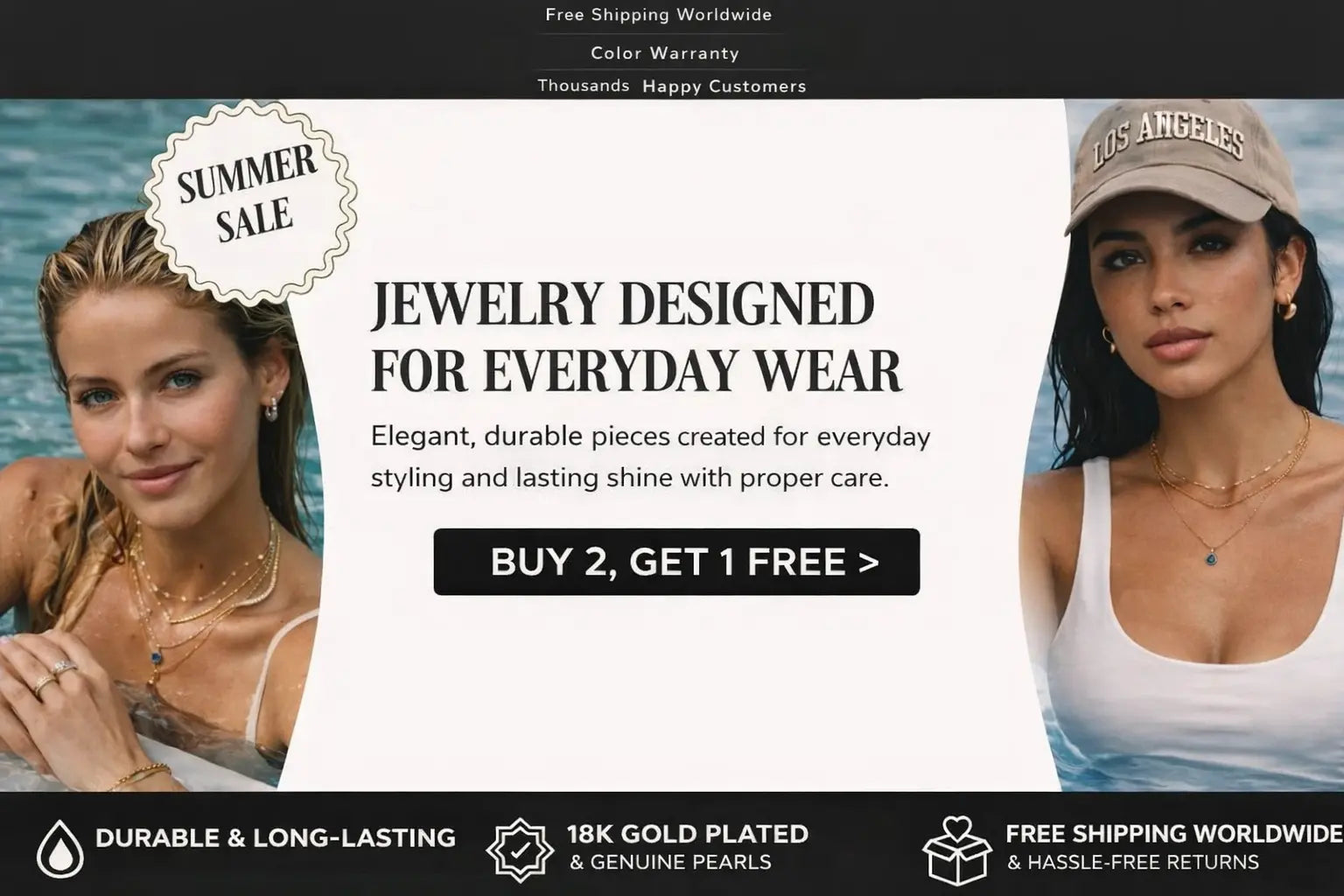 Advertisement for jewelry designed for everyday wear with two models wearing necklaces.